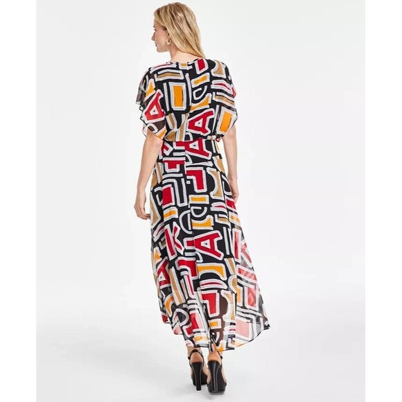 KARL LAGERFELD PARIS Women's Printed High-Low Flutter-Sleeve Dress Blck Multi 10 - Picture 4 of 12